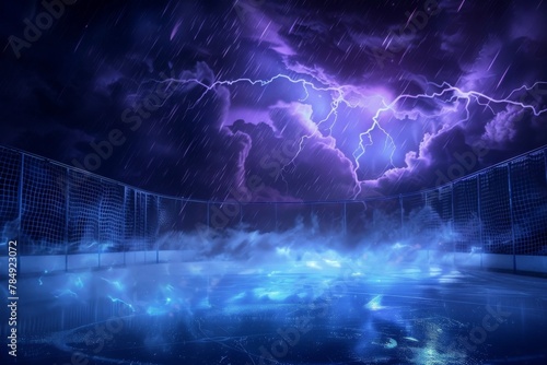 Electrifying Hockey Rink Amid Dramatic Thunderstorm with Brilliant Lightning Bolts Illuminating the Night Sky photo