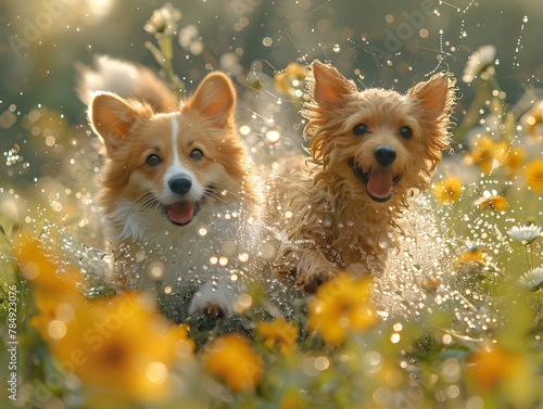 Joyful Canine and Feline Chase in Sunlit Meadow with Intricate Spider Web Highlights