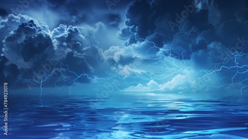 Dramatic Storm Clouds and Lightning Over Serene Ocean Landscape with Ample Copy Space for Background or Wallpaper