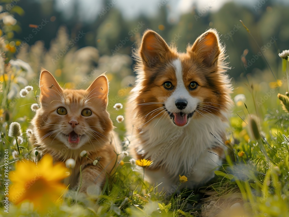 Joyful Canine and Feline Companions Romp Amidst Lush Greenery and Sunlight