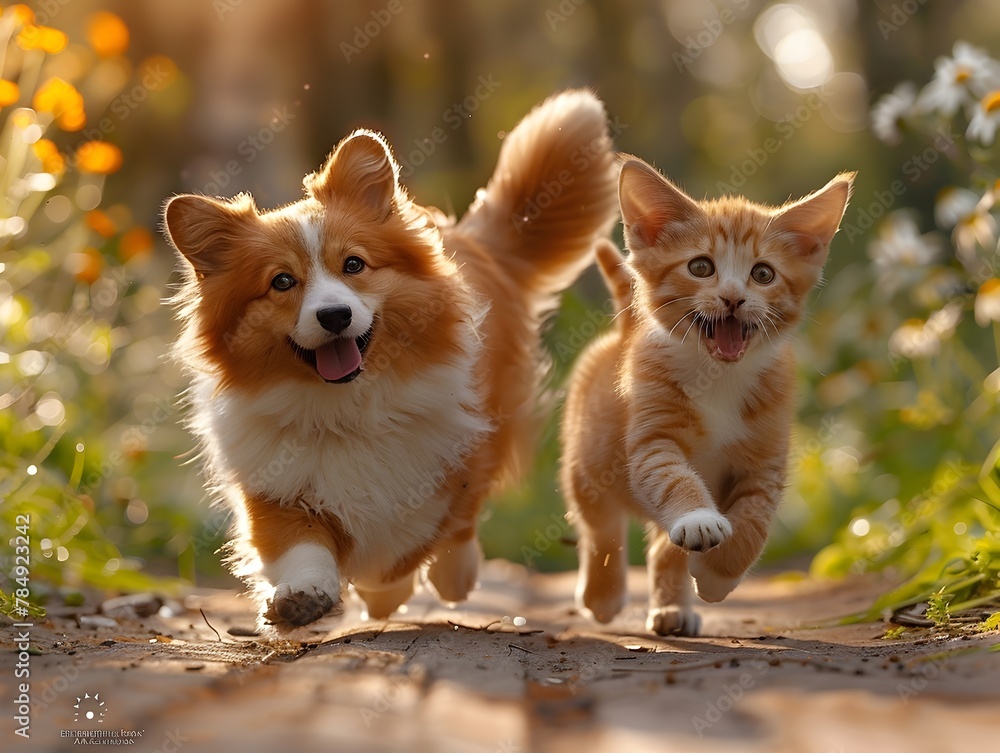 Joyful Canine and Feline Companions Frolicking in Sunlit Meadow Joyful Canine and Feline Companions Frolicking in Sunlit Meadow