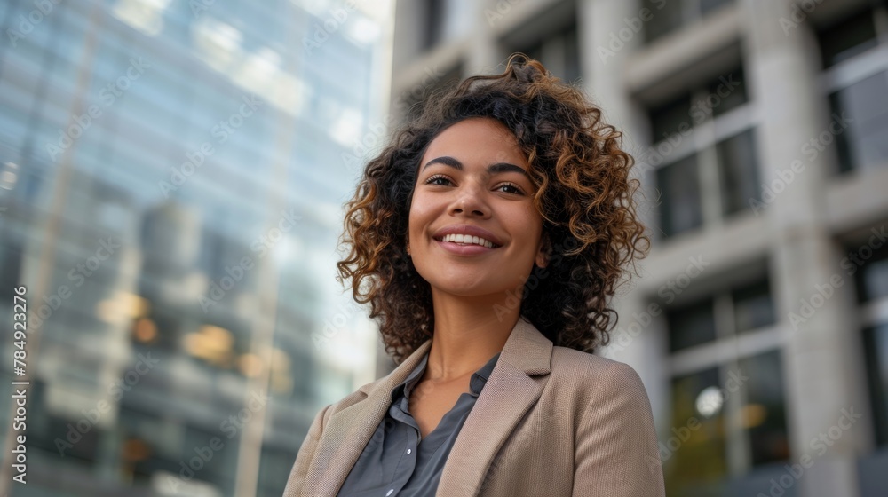 Happy young Hispanic business woman standing outside modern office building. Portrait of professional businesswoman. Office worker looking up to the sky and smiling. Entrepreneur Happy young Hispanic business woman standing outside modern office building. Portrait of professional businesswoman. Office worker looking up to the sky and smiling. Entrepreneur