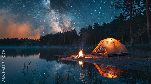 Solitary night camp, tent under stars beside a lake, fire crackling, wide shot, serene night