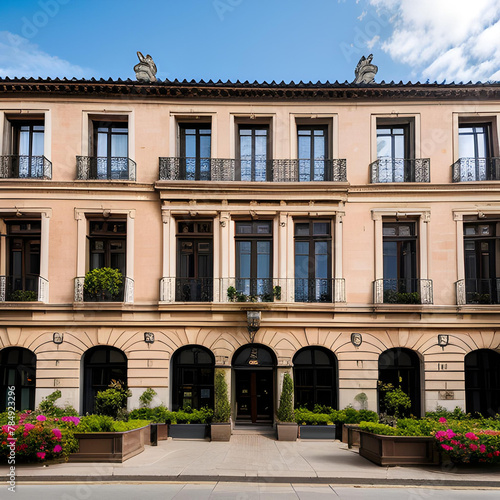 Una increíble fachada de tonos beiges de un edificio con apariencia clásica
