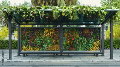 Blank mockup of a bus stop shelter with a living roof covered in plants and flowers. .