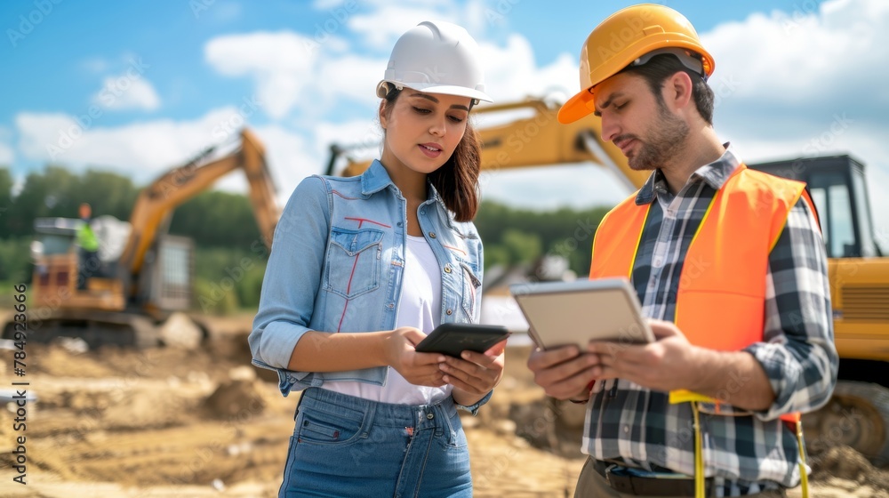 Hispanic Female Inspector Talking to Caucasian Male Land Development Manager With Tablet On Construction Site Of Real Estate Project. Excavators Preparing For Laying Foundation, Hot Sunny Day