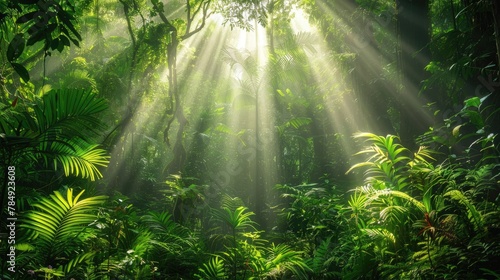 lush forest with sunlight streaming through the canopy
