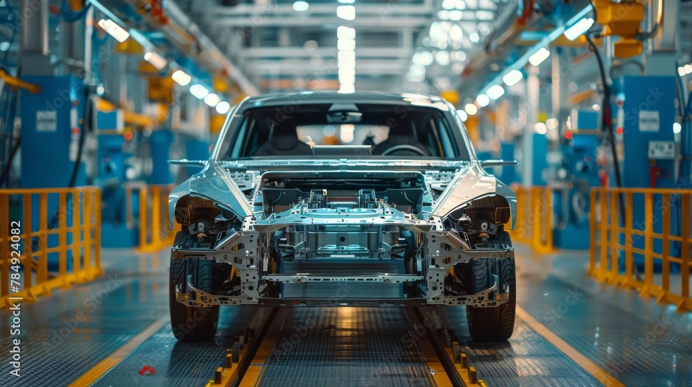 The final assembly of an electric cars body panels and exterior features in the factory The final assembly of an electric cars body panels and exterior features in the factory
