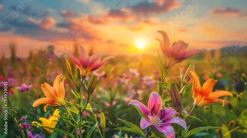 Beautiful lily flowers in the field with a sunrise sky background, dews, landscape photography, high resolution, high quality background