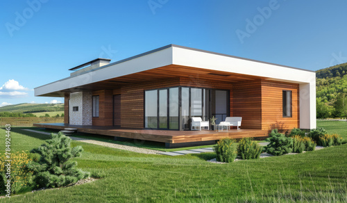 3D rendering of a modern house with wooden accents on the front, white walls and orange wood details, in a landscape design with a green lawn and concrete path leading to it. © Kien