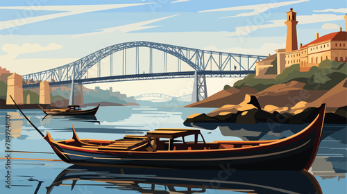 Wooden boats in Porto with Luis I bridge on background photo