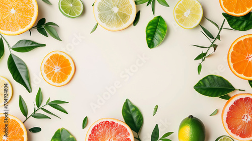 An array of citrus fruits and leaves encircling a white background. This assortment of yellow fruits and vibrant green leaves is perfect for adding a pop of color to any food presentation or recipe