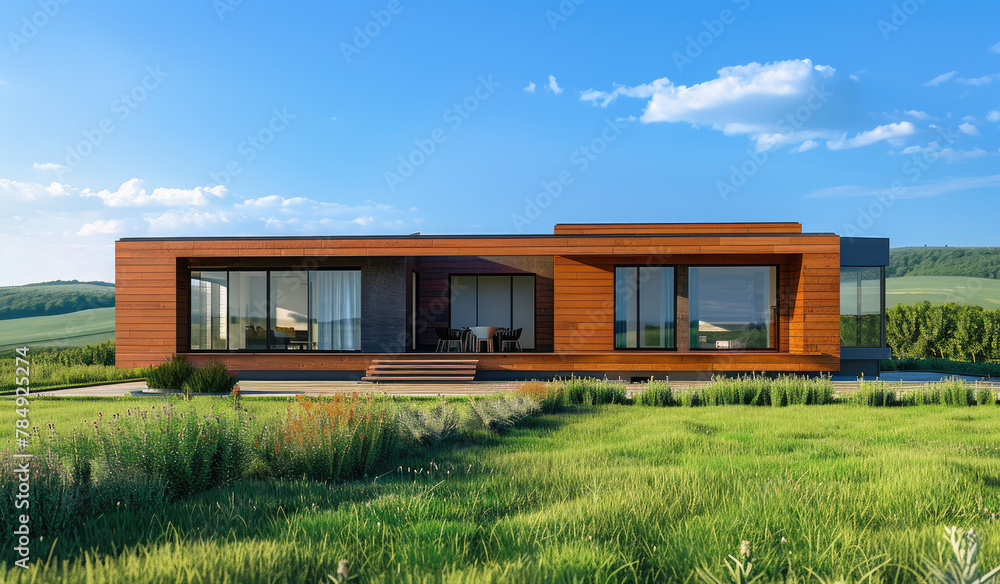 3D rendering of a modern house with wooden accents on the front, white walls and orange wood details, in a landscape design with a green lawn and concrete path leading to it.