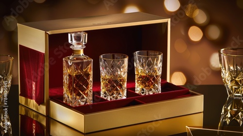 Whiskey gift set presented in a gold gift box  exuding luxury and elegance.
