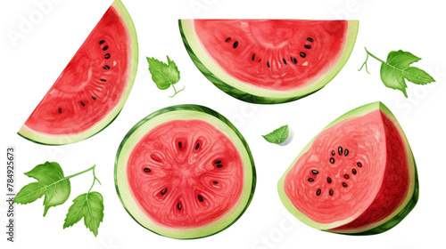 Watermelon grainy watercolor illustrations of whole and sliced watermelons with green leaves, cut in half, and arranged on a white background