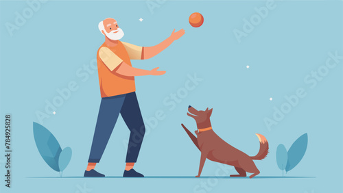 A handdrawn image of a dog enthusiastically fetching a ball while a senior citizen happily joins in on the game and the words Exercise is more photo