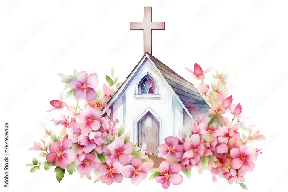 Watercolor christian church with flowers. Hand painted illustration isolated on white background