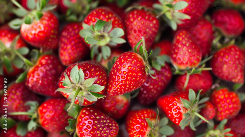 A collection of fresh, juicy strawberries with their vibrant green leaves displayed on a table, showcasing this superfoods natural beauty and delicious taste A collection of fresh, juicy strawberries with their vibrant green leaves displayed on a table, showcasing this superfoods natural beauty and delicious taste