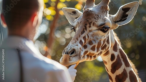 Zoo health check, vet examining a giraffe, zoo enclosure, sunny, closeup, routine care © Samon