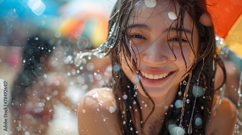 photography featuring a cute young Thai woman participating in Songkran festival, focusing on her joyful expressions in highquality stock photo format © Picart