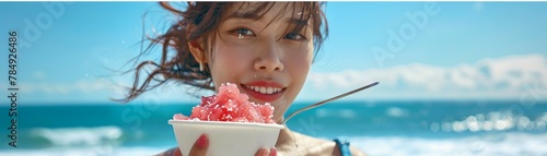thai woman eating a shaved ice dressing with red Hales Blue Boy and white sweetened milk in white foam bowl, 