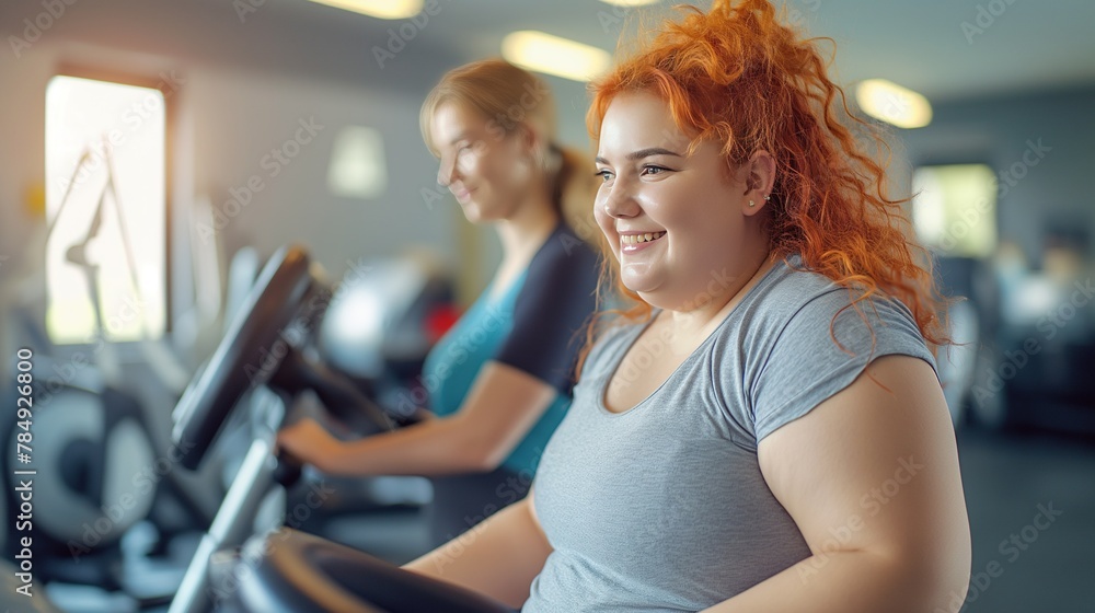Happy overweight plus size red head shy woman working out in the gym. Diet, obesity, weight loss, sports activities. First time in gym