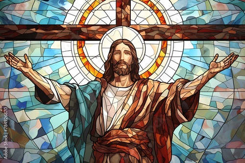 Illustration of Jesus Christ in stained glass window background. Vector.