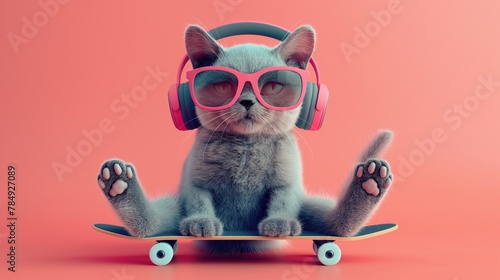 Cute gray british kitten in sunglasses sitting on a skateboard and listening to music on headphones