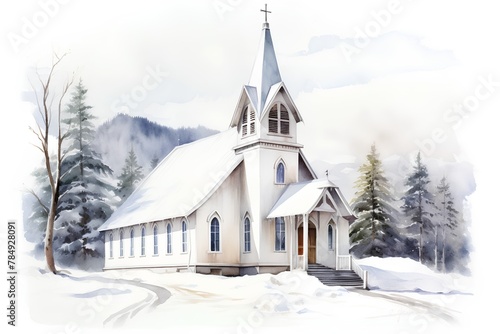 Watercolor illustration of a christian church in the mountains. Winter landscape.