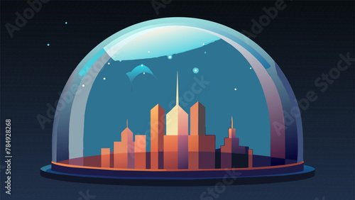 The edges of the city are marked by a shimmering dome separating it from the surrounding space. Beyond this dome stars and galaxies can be seen