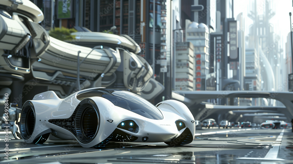 Fototapeta premium A sleek futuristic vehicle with innovative automotive design is parked in front of a towering futuristic city, reflecting off the water with its futuristic lighting