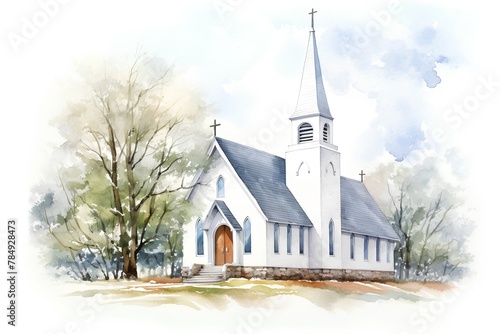 Watercolor illustration of a church in the park. Hand-drawn illustration photo