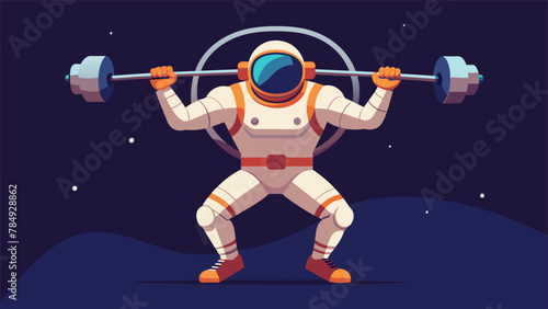 Floating in zero gravity an astronaut can be seen performing bicep curls with a weighted bar struggling to control the constant upward pull as