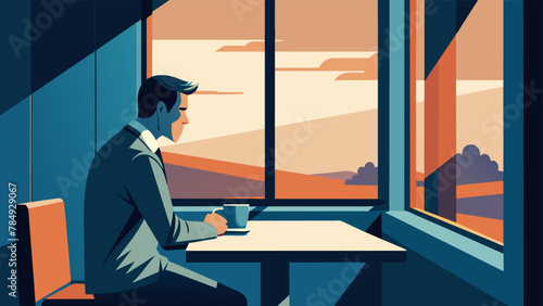 A man sitting at a coffee shop staring out the window with a faraway look in his eyes. He sips his coffee slowly lost in thought as he reflects