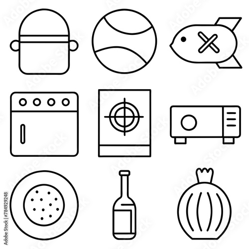 Color flat icon set electric stove flat vector, microwave, cutlet, fish, knife, signboard, barcode, ambulance, magnifier, sticker, flask, bachelor cap, bowling ball, sports flag, fitball, target photo