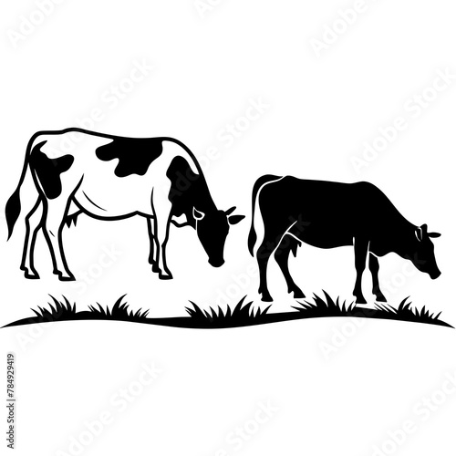 Cows Silhouettes In Different Poses Cow Grazing On Meadow vector