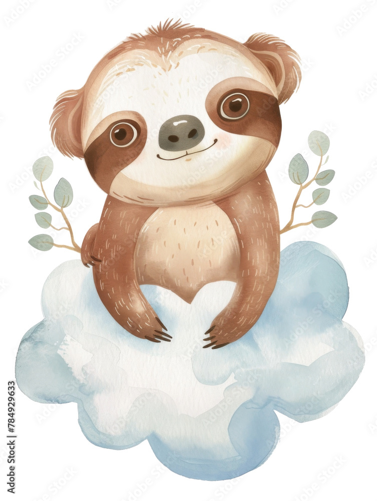 Fototapeta premium Adorable Sloth Relaxing on Whimsical Watercolor Cloud,Exciting and Joyful Woodland Animal