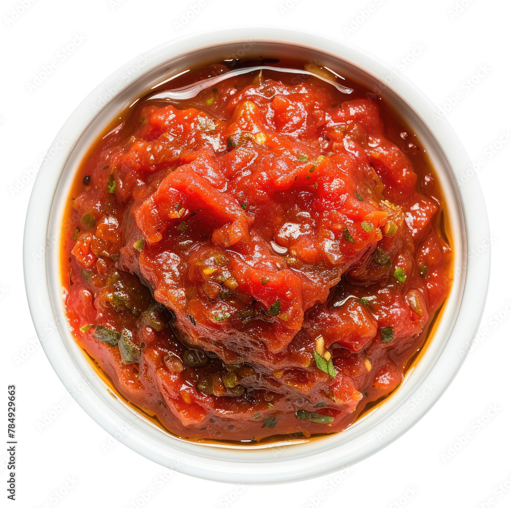 White bowl with tomato sauce isolated on transparent background, top view White bowl with tomato sauce isolated on transparent background, top view