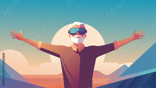 A cartoon drawing of an older man wearing a virtual reality headset his arms outstretched as he experiences a virtual tour of a faroff