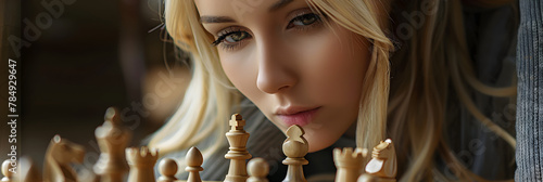 Young girl playing a game of chess on a chessboard and thinking about chess game. 