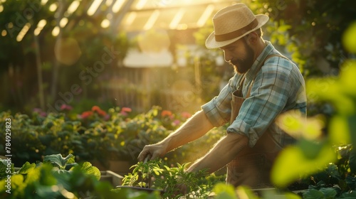 A man wearing a hat is actively working in a garden, tending to plants and soil. He appears focused and engaged in gardening tasks on a sunny day.