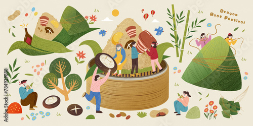 Duanwu zongzi elements of miniature people and food ingredient isolated on beige background