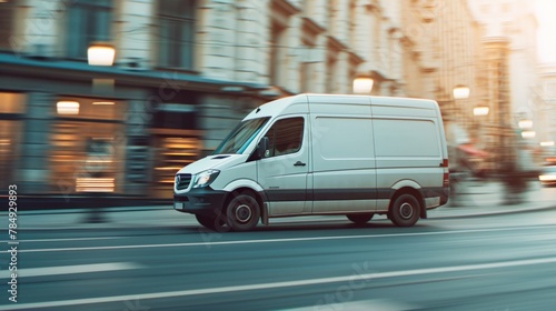 White delivery van side view on blur city street background, moving minivan in urgent fast motion, concept of logistics, food merchandise commercial delivery or post service, banner with copy space photo