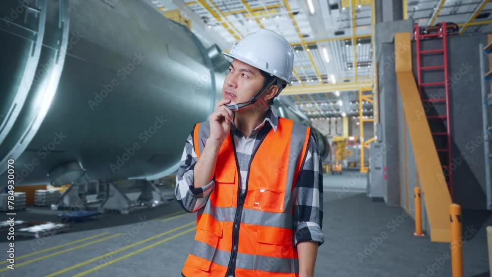 Asian Male Engineer With Safety Helmet Standing In Pipe Manufacturing Factory. Thinking About Something And Looking Around Asian Male Engineer With Safety Helmet Standing In Pipe Manufacturing Factory. Thinking About Something And Looking Around