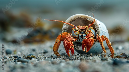 The idea of environmental degradation is depicted by the hermit crab along with human dump over a damp beach hard to walk and space, Generative AI.