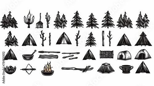 Generative AI Set of detailed campfire icons (barbaric/tribal); printable, monochrome, sharp bold black lines, vector line art, isolated on white background photo