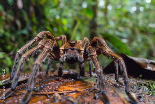 A close-up view of a spider crawling on the ground, showcasing its body and legs in detail. The spider appears in its natural habitat, possibly hunting for prey or exploring its surroundings.