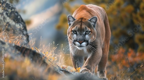 A close-up view of a mountain lion confidently walking on a rocky surface. The majestic feline moves gracefully  showcasing its powerful physique and stealthy movements in its natural habitat.