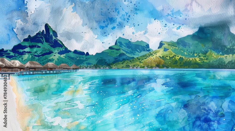 A watercolor painting depicting a beach with crystal clear waters in the foreground and majestic mountains in the background. The scene captures the beauty of nature with detailed brushstrokes.