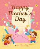 Lovely Mothers Day poster. Kids carrying bouquet and pencil in front of letter with flowers.